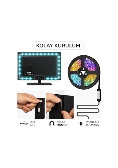 Tv Ve Pc Arkası Rgb Şerit Led Işık Seti - 3 Metre, Usb Girişli, Kumandalı, 352 Renk Seçeneği, Ip20 İç Mekan, 4w Düşük Enerji Tüketimi Ct4566