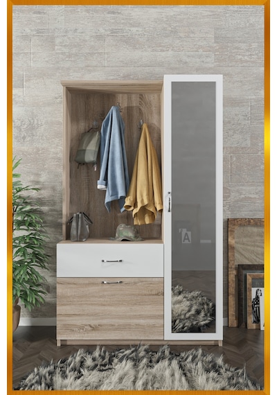 AE-3042 Reina Aynalı Delüx Vestiyer Ayakkabılık Portmanto Takımı Sonoma