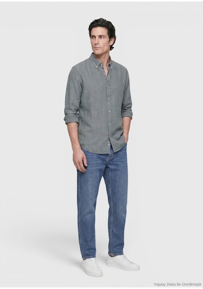 Ramsey Koyu Yeşil Düz Casual Fit Uzun Dokuma Casual %100 Keten Gömlek