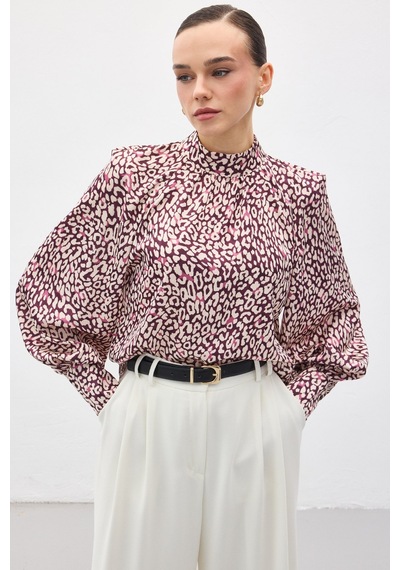 Sateen Desenli Bluz - Mürdüm-137130 Mürdüm