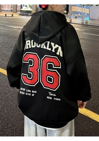 Unisex Oversize Brooklyn 36 Baskılı Kapüşonlu Sweatshirt Siyah