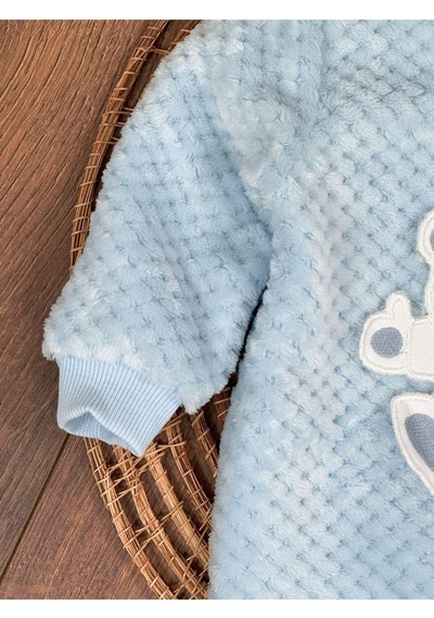 101 Dalmaçyalı Peluş Ayıcık Nakışlı Patikli Çıtçıtlı Kışlık Erkek Bebek Tulum Buz Mavi
