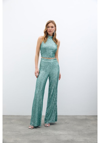 Sateen Payetli Salaş Pantolon - Mint-135395 Mint