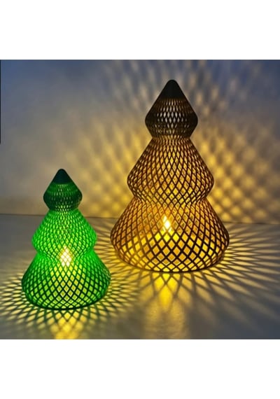 Voronoi Geometrik Yılbaşı Ağacı Dekorasyonu - 2'li Set Kahve & Yeşil - Led Mum Dahil