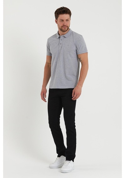 Erkek Regular Fit Polo Yaka Nakışlı T-shirt Gri Melanj