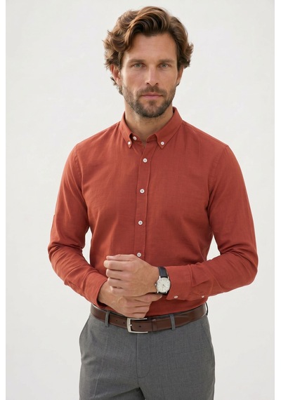 Tudors Erkek Slim Fit Dar Kesim %100 Pamuk Düğmeli Yaka Flam Keten Turuncu Gömlek-50275
