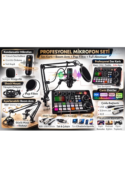 Profesyonel Podcast Mikrofon Ve Ses Katı Seti Stüdyo Yayıncı Condenser Tiktok Youtube Dj Ekipmanı