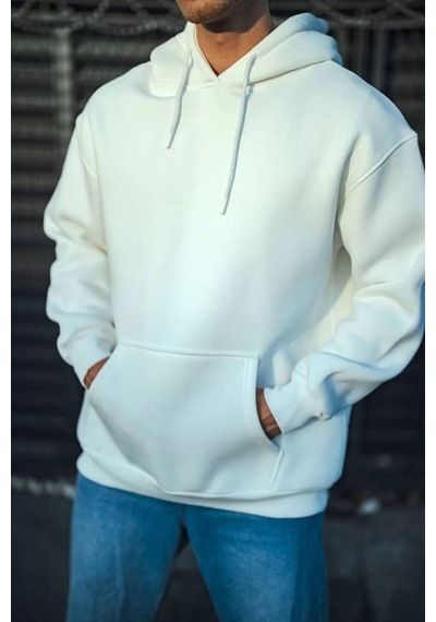 Mbb E-ticaret Erkek 3 İplik Pamuklu Kapüşonlu Basic Sweatshirt Hoodie - Beyaz