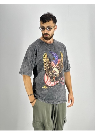 Cocopelli Erkek Yıkamalı Kumaş Baskılı T-shirt Coc2218 Koyu Gri