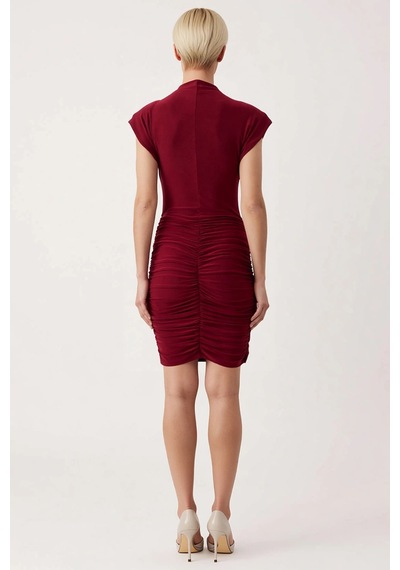 Benerly Kadın Dik Yaka Ay Kol Örme Bodycon Mini Elbise Aksesuar Detaylı F Bordo
