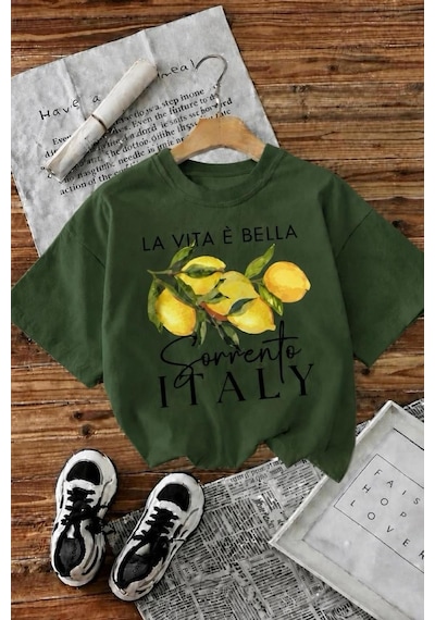 Bella Limon Ön Baskılı Oversize Pamuklu Kadın T-shirt Yesıl