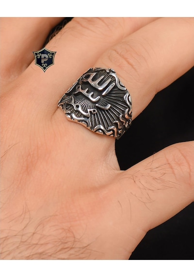 925 Ayar Gümüş Erkek Yüzüğü Allah Rasulü Muhammed Arapça Yazlı - 553619392
