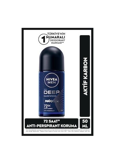 Men Erkek Roll-on Deodorant Deep Dimension Aktif Karbon 50ml, 72 Saat Anti-perspirant Ter Koruması