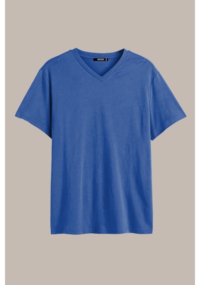 Erkek Indigo %100 Pamuk Basıc Regular Fit Pamuklu Kısa Kollu V Yaka T-shirt İndigo