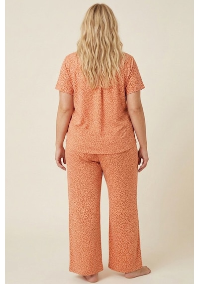 Siyah İnci Büyük Beden Battal Boy Düğmeli Örme Pijama Takım 8016 Somon Leopar