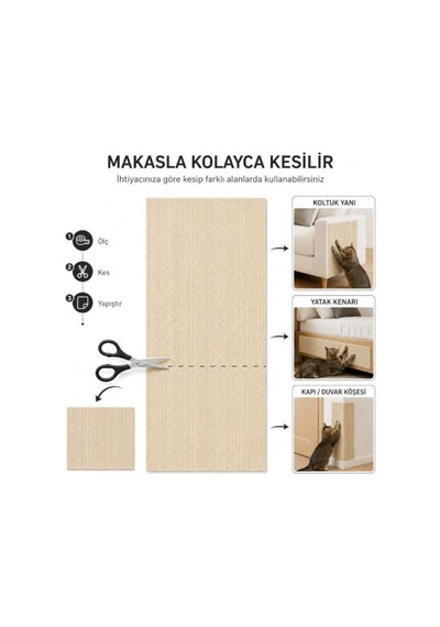 Yapışkanlı Kedi Tırmalama Halısı 100x30 Cm, Mobilya Koruyucu Tırmalama Pedi, Koltuk Ve Mobilya Yüzeyleri İçin Kolay Montajlı Kedi Tırmalama Matı Kum Beji