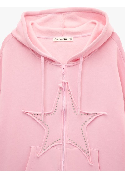 Koton Kapüşonlu Fermuarlı Yıldız İşleme Detaylı Oversize Taşlı Sweatshirt Pembe 6sal10341ık Gülkurusu
