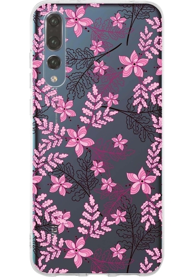 Huawei P20 Pro Uyumlu Kapak Floral Pembe Tasarımlı Şeffaf Silikon Kılıf