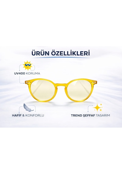 Modatüm Şeffaf Yuvarlak Güneş Gözlüğü Uv400 Korumalı Hafif Modern Tasarım Sarı