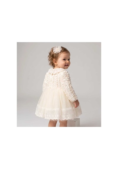 Ministok Sophia Toka Aksesuarlı Dantel Kız Bebek Elbise Ekru