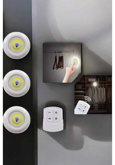 Hubrendy Tekno Spot Lamba Led Işık 3'lü Uzaktan Kumandalı Pilli Yapışkanlı Kablosuz