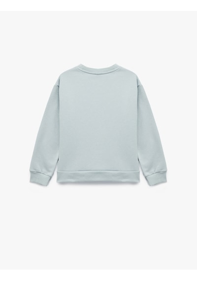 Koton Uzun Kollu Bisiklet Yaka Şardonlu Baskılı Sweatshirt Mavi 6wkg10067ak Mavi