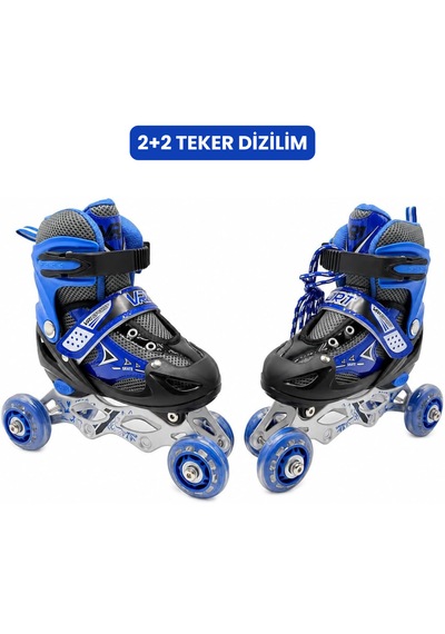 Vr1 - Metal 2+2 Işıklı 3in1 Ayarlanabilir Çocuk Pateni 2+1+1 / 2+2 Silikon Tekerli Uç Korumalı Mavi