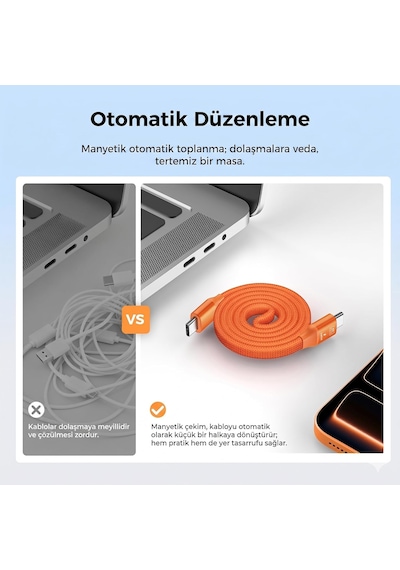 Manyetik Turuncu 240w 20gbps Type-c To Type-c Hızlı Şarj, Görüntü Ve Veri Aktarım Kablosu, İphone, İpad, Macbook, Samsung Galaxy Uyumlu