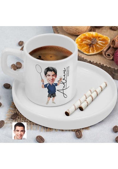 Bk Gift Kişiye Özel Sunum Tabaklı Erkek Badminton Karikatürlü Kahve Fincanı-1, Sevgiliye Hediye, Aileye Hediye, Arkadaşa Hediye Beyaz