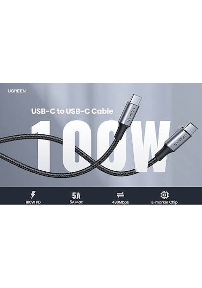 Ugreen Usb-c To Usb-c 100w 5a Qc Pd Örgülü Hızlı Şarj Kablosu 3 M Siyah