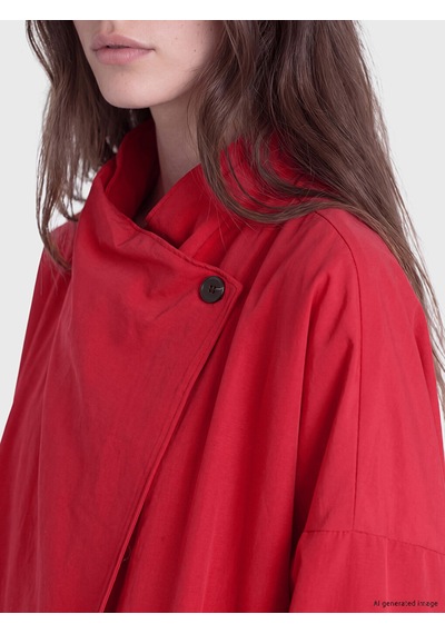 Lcw Modest Kırmızı Hakim Yaka Oversize Kadın Yağmurluk