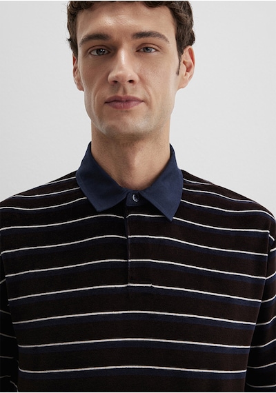 Mavi - Polo Yaka Çizgili Kadife Sweatshirt 0s10470-89103 Kahverengi