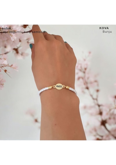 Oval Motifli Hakiki Derili 14 Ayar Altın Plakalı Bayanlara Şubat Ayına Özel Bileklik-314ay-beyaz Altın