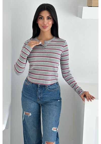 Noa & Noa Kadın Çizgili Düğme Detaylı Bluz Retro Stripe Kırmızı