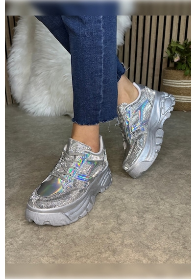 Günlük Kadın Sneaker Kalın Yüksek Taban Bağcıklı Rahat Tiger Şeritli Spor Ayakkabı 032 13 - Gümüş Holo Günlük Kadın Sneaker Kalın Yüksek Taban Bağcıklı Rahat Tiger Şeritli Spor Ayakkabı 032 13 - Gümüş Holo