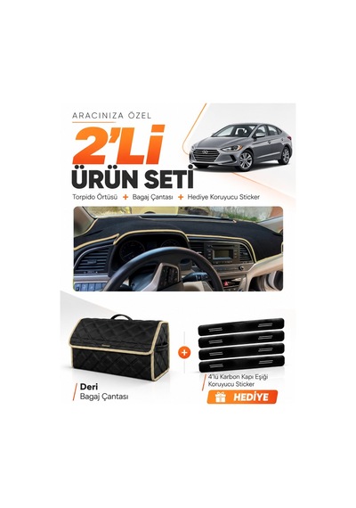 Hyundai Elantra 2017-2020 Uyumlu Torpido Örtüsü + Deri Bagaj Çantası + Sticker Seti - Siyah Bej