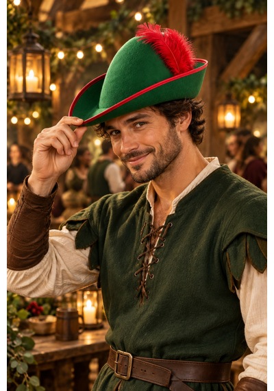 Yeşil Peter Pan Robin Hood Şapkası Kırmızı Tüylü Kenar Biyeli Parti Kostüm Sahne Aksesuarı