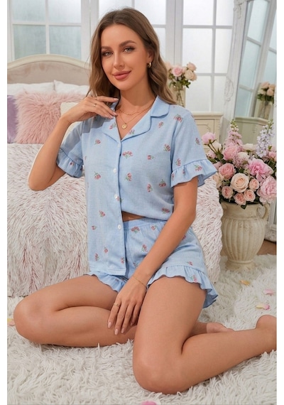 Bella Notte Mavi Lale Desenli Kısa Kollu Düğmeli Şortlu Pijama Takımı Lacivert
