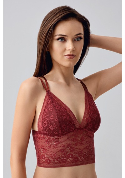 New Bra Çiçek Motifli Uzun Dantel Crop Bralet Bordo 8329