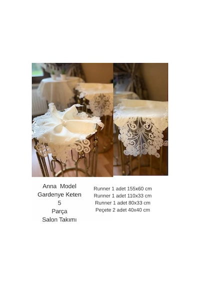 Anna Model Krem Keten Dantelli 5 Parça Salon Takımı Masa Örtüsü Runner Seti Bzckh563 Çok Renkli