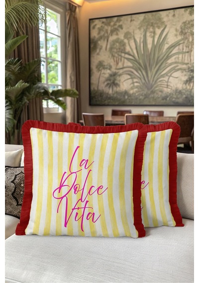La Dolce Vita Çizgili Yazlık Fransız Saçaklı Yastık Kılıfı - Sarı Bordo Püsküllü Kırlent Kılıfı Bej