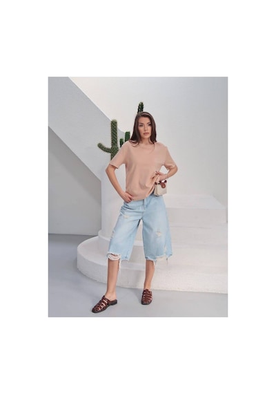 Paw Garage Kadın Massi İnterlok Kumaş V Yaka Oversize T-shirt Somon