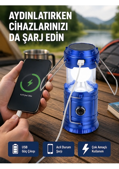 Güneş Enerjili Katlanabilir Kamp Feneri Usb Şarjlı, Hafif Ve Çok Fonksiyonlu - Lisinya Mavi 25690599