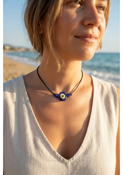 Handmade Bohem Tarz Mavi Göz Nazar Kolye 001 - Beyaz