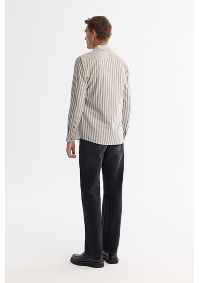 Avva Erkek Gri %100 Pamuk Alttan Britli Yaka Çizgili Slim Fit Gömlek A42y2040