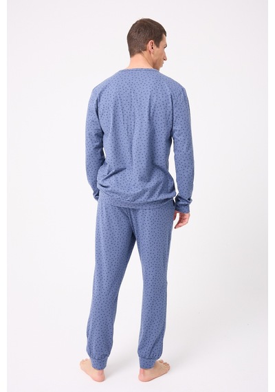 L'espadon Oceanripple Premium Örme Pamuk Uzun Kollu Henley & Uzun Pantolonlu Erkek Pijama Takımı-3225 Mavi