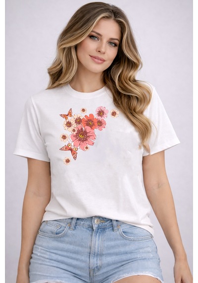 Herkesemoda Pembe Çiçekler Baskı Detaylı Basic T-shirt Beyaz