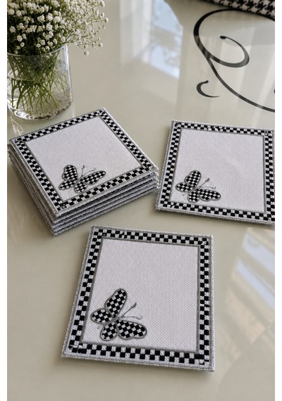 6 Lı Kelebek Desenli Gümüş Ekose Kokteyl Peçetelik 13x13 - Kare Kahve Sunumluğu,