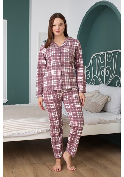 Kadın Boydan Düğmeli Kırmızı Beyaz Kareli Pijama Takım Kırmızı