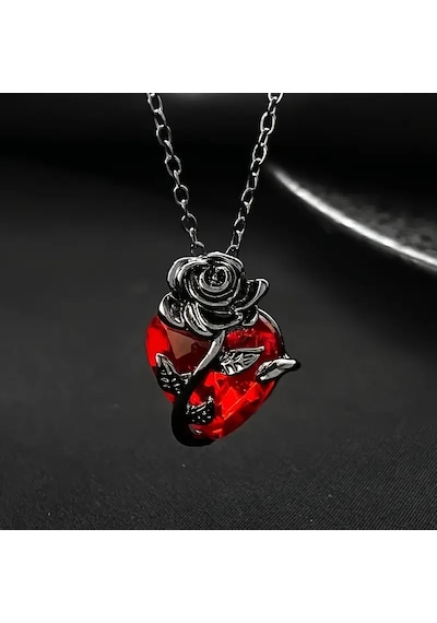 Kadın Kolye Heartrose Kadın Kolye Gül Kalp Detaylı Gotik Koyu Zincir Tasarım Çok Renkli